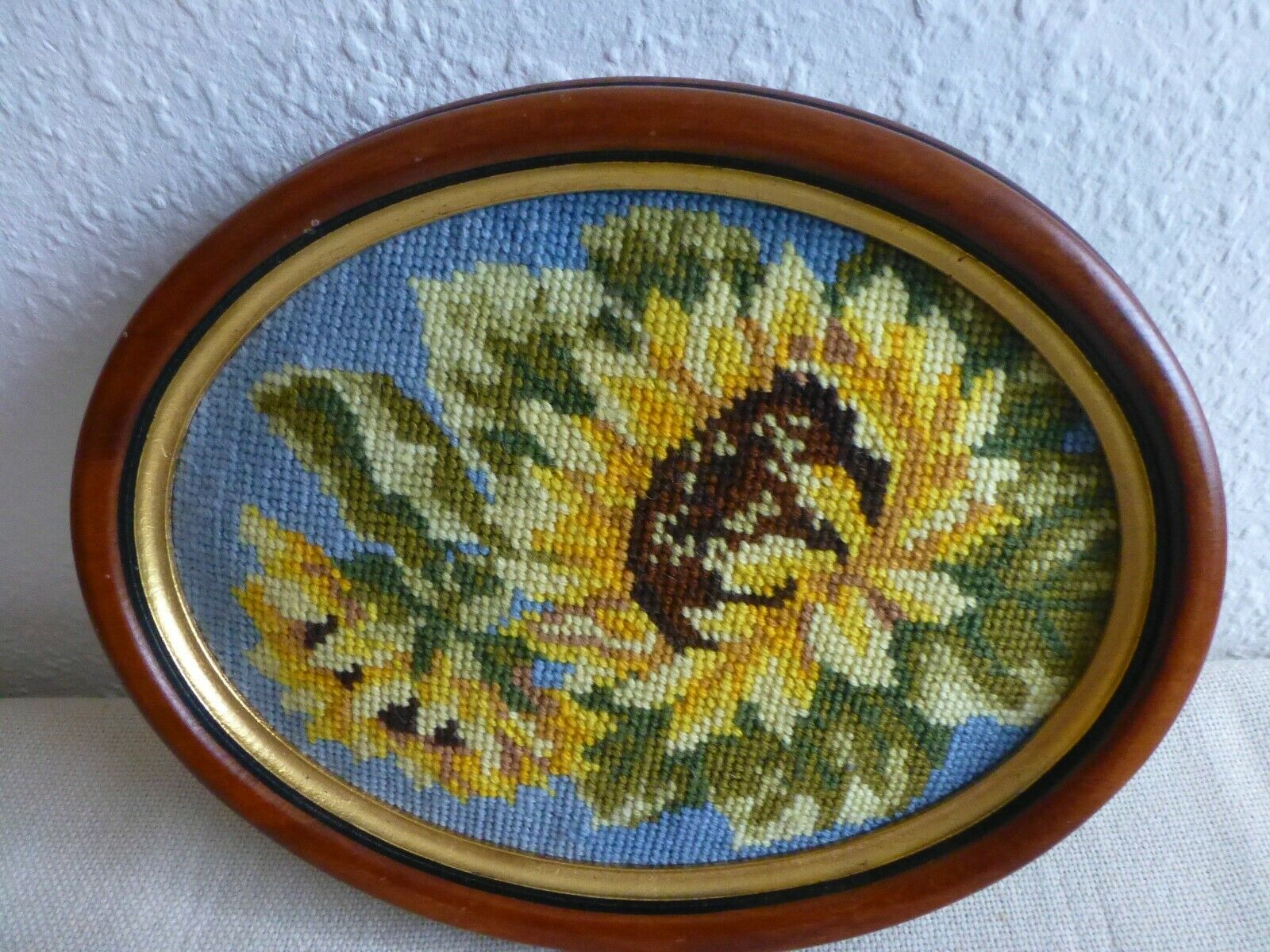 Gobelin Bild * Oval  Sonnenblume Ca. 28 X 20 Cm - Holzrahmen - Fertig Gestickt